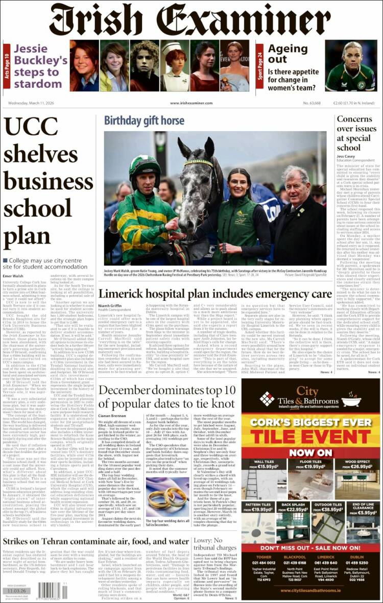 Portada de Irish Examiner (Irlande)