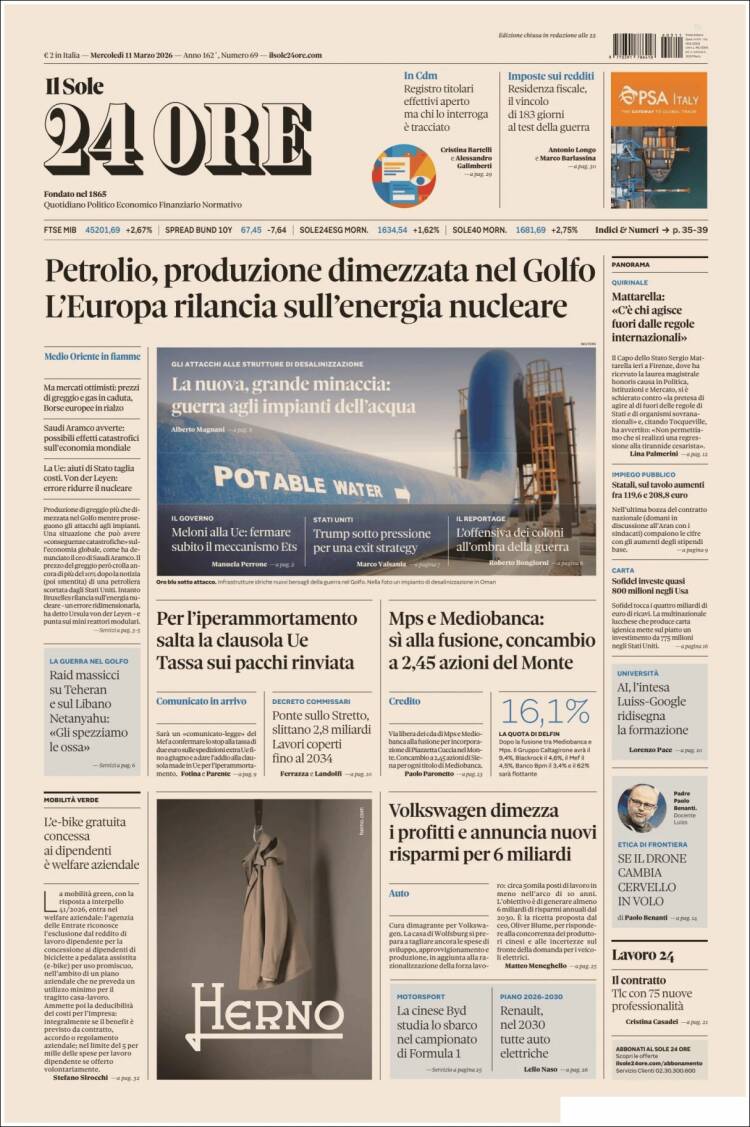 Portada de Il Sole 24 ORE (Italie)