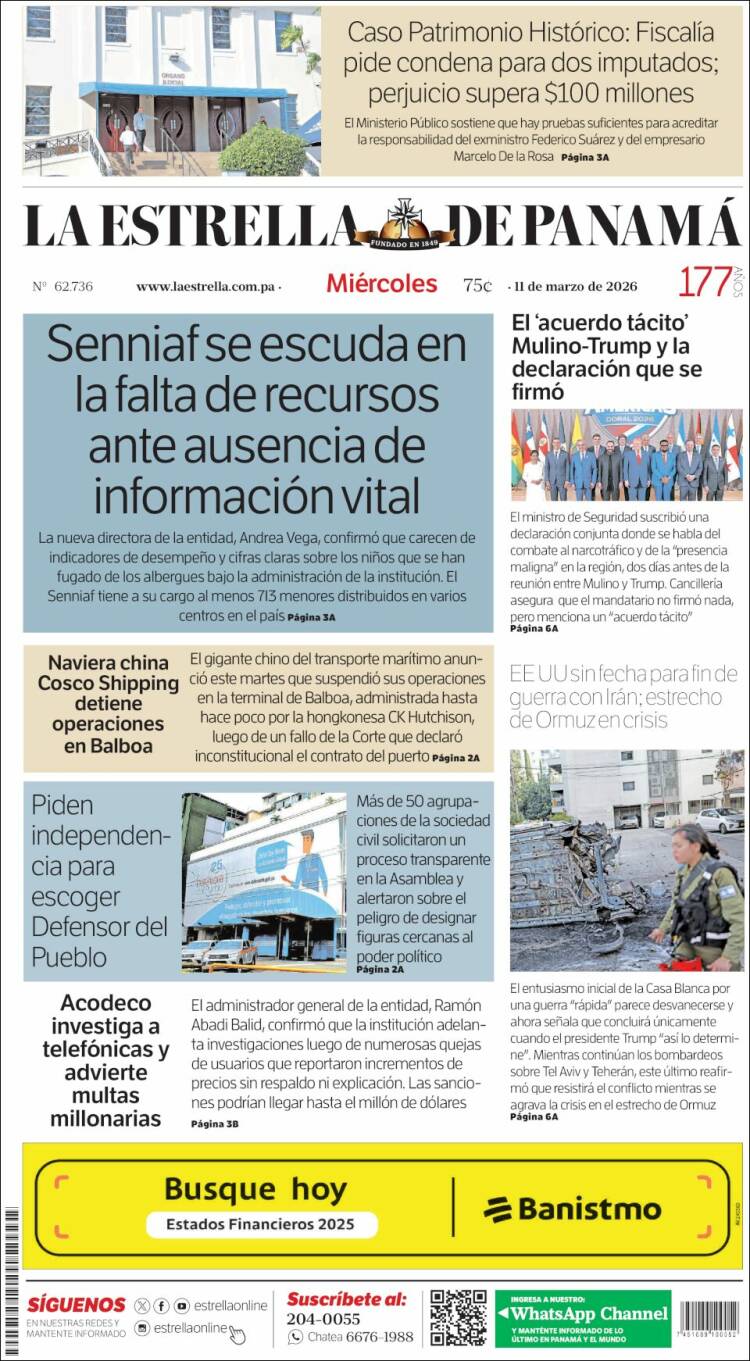 Portada de La Estrella de Panamá (Panam&aacute;)