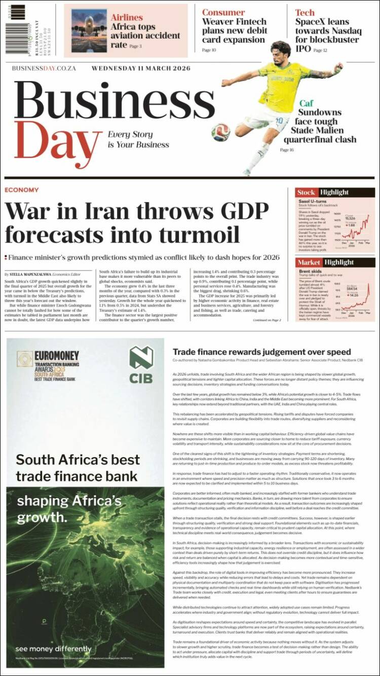 Portada de Business Day (Afrique du Sud)