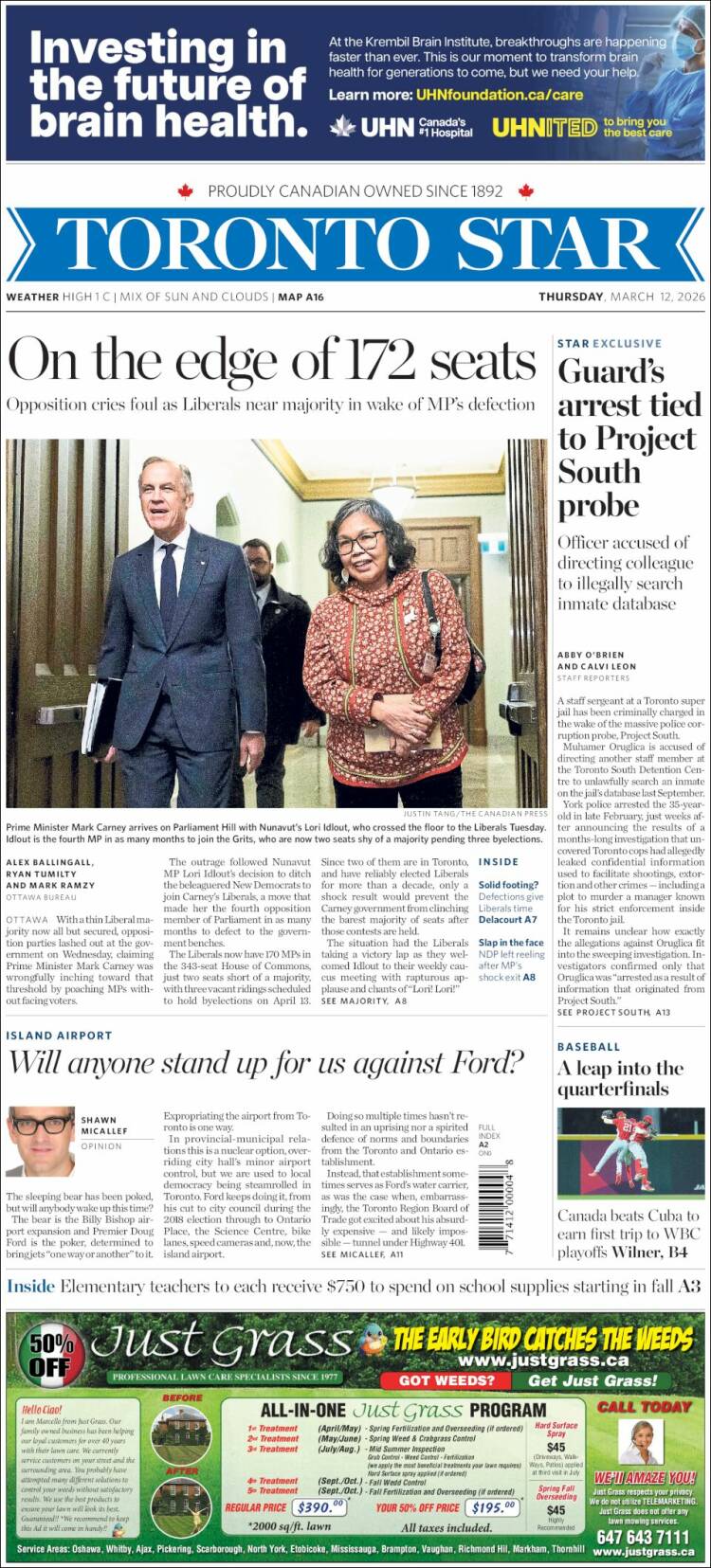 Portada de The Toronto Star (Canada)