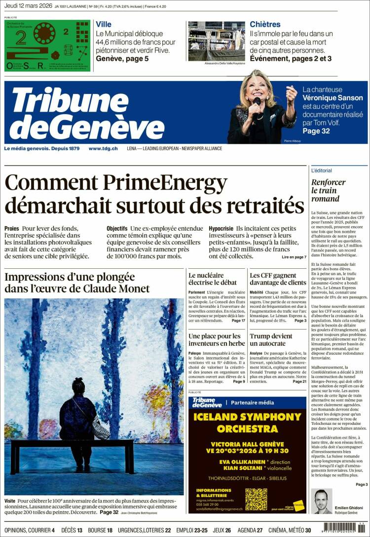 Portada de La Tribune de Genève (Suisse)