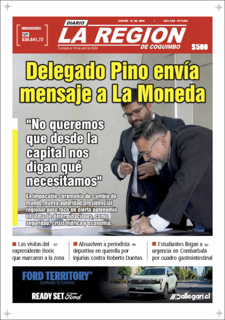 Portada de Diario La Región de Coquimbo (Chili)
