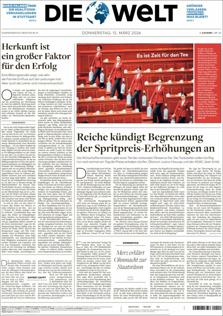 Portada de Die Welt (Germany)