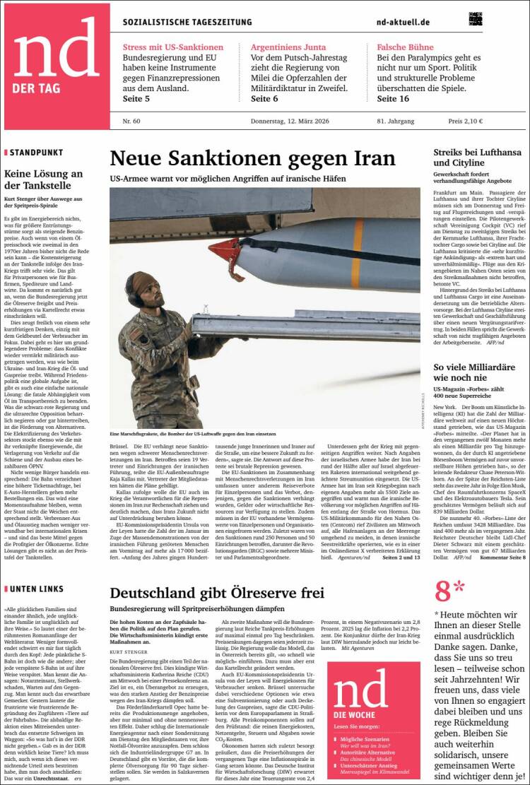 Portada de Neues Deutschland (Allemagne)