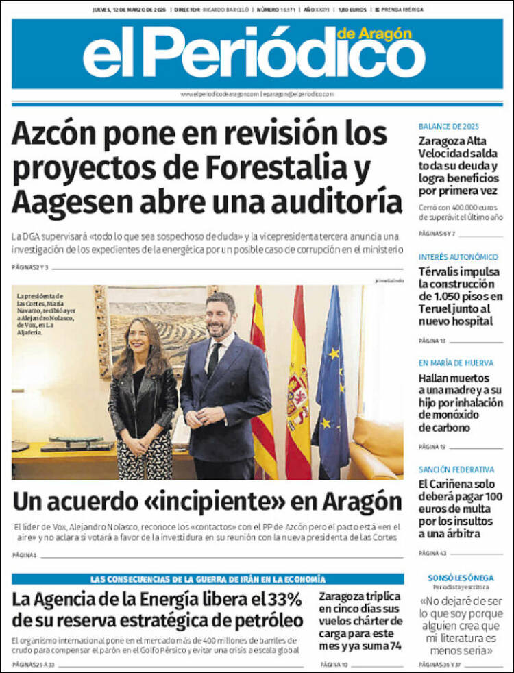 Portada de El Periódico de Aragón (Espagne)