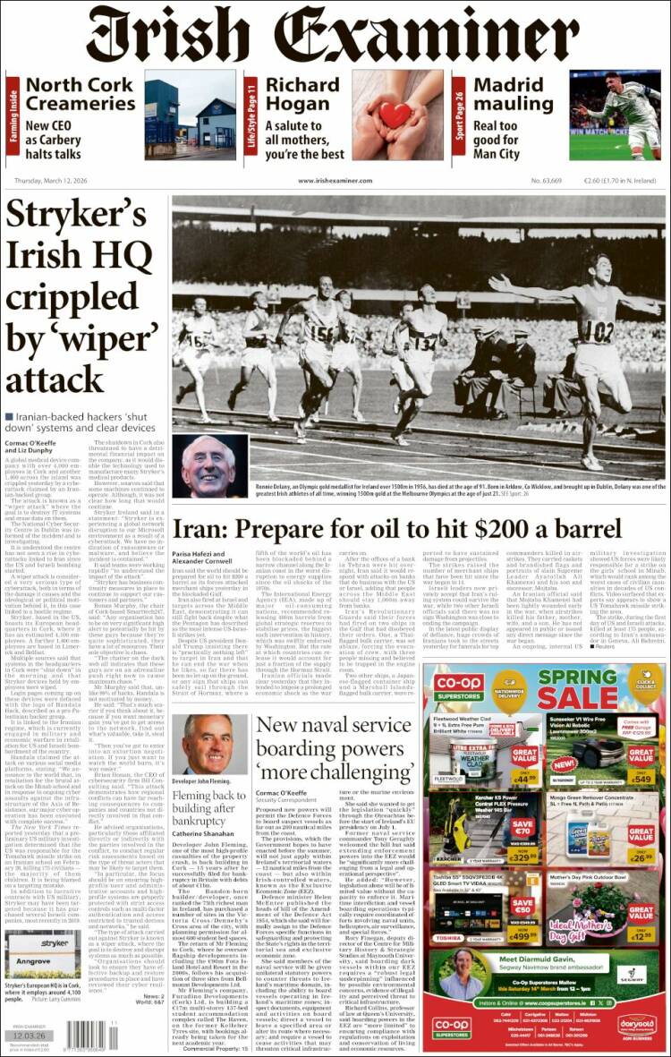 Portada de Irish Examiner (Irlande)