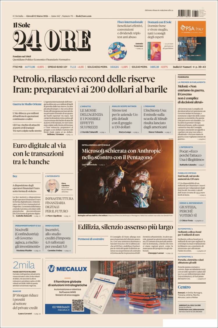 Portada de Il Sole 24 ORE (Italie)