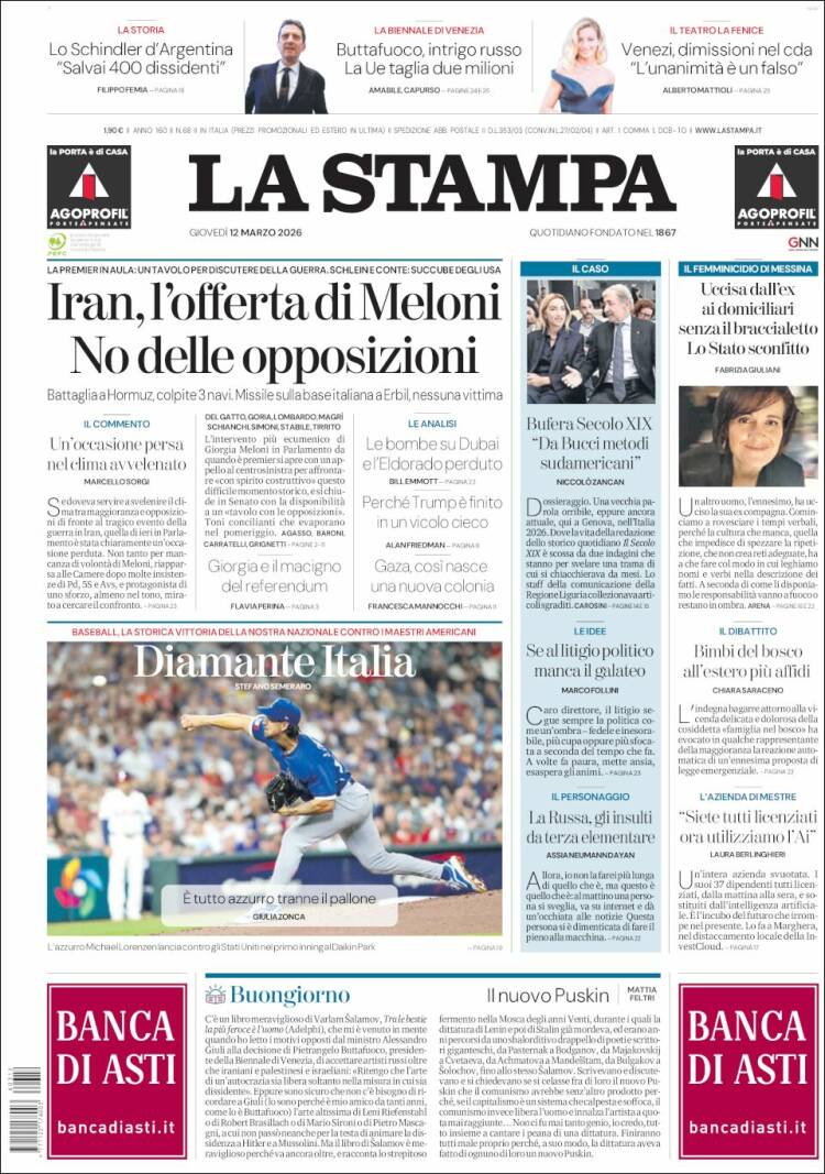 Portada de La Stampa (Italy)