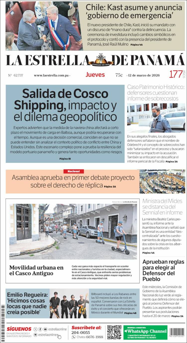 Portada de La Estrella de Panamá (Panam&aacute;)