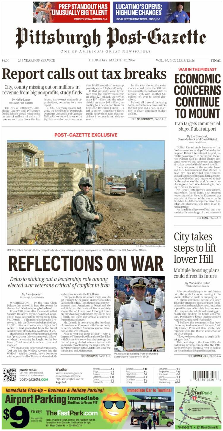 Portada de Pittsburgh Post-Gazette (&Eacute;tats-Unis)