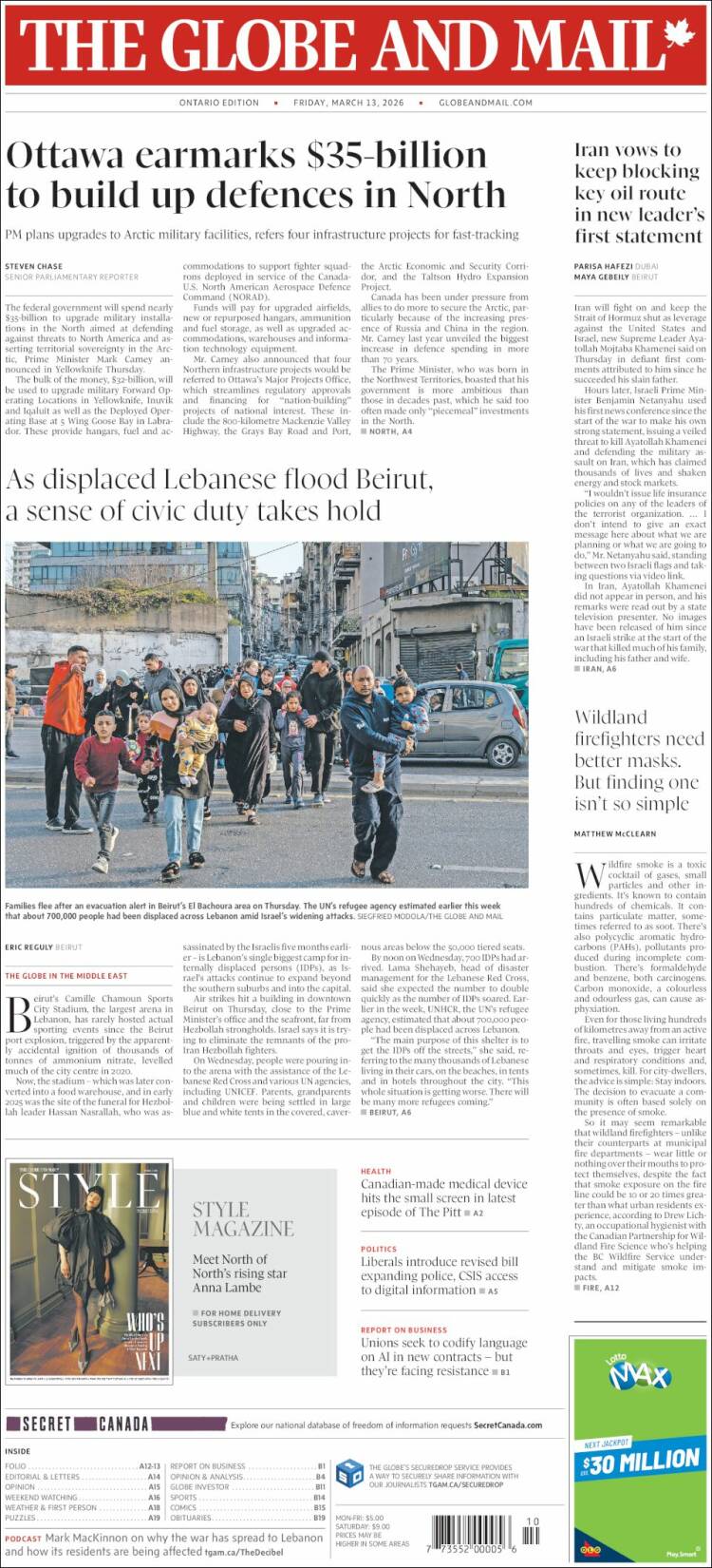 Portada de The Globe and Mail (Canada)