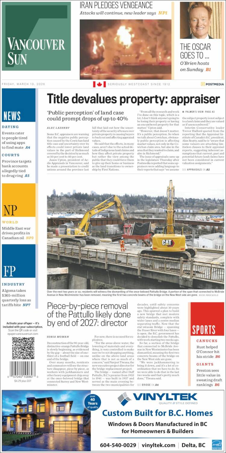 Portada de The Vancouver Sun (Canada)