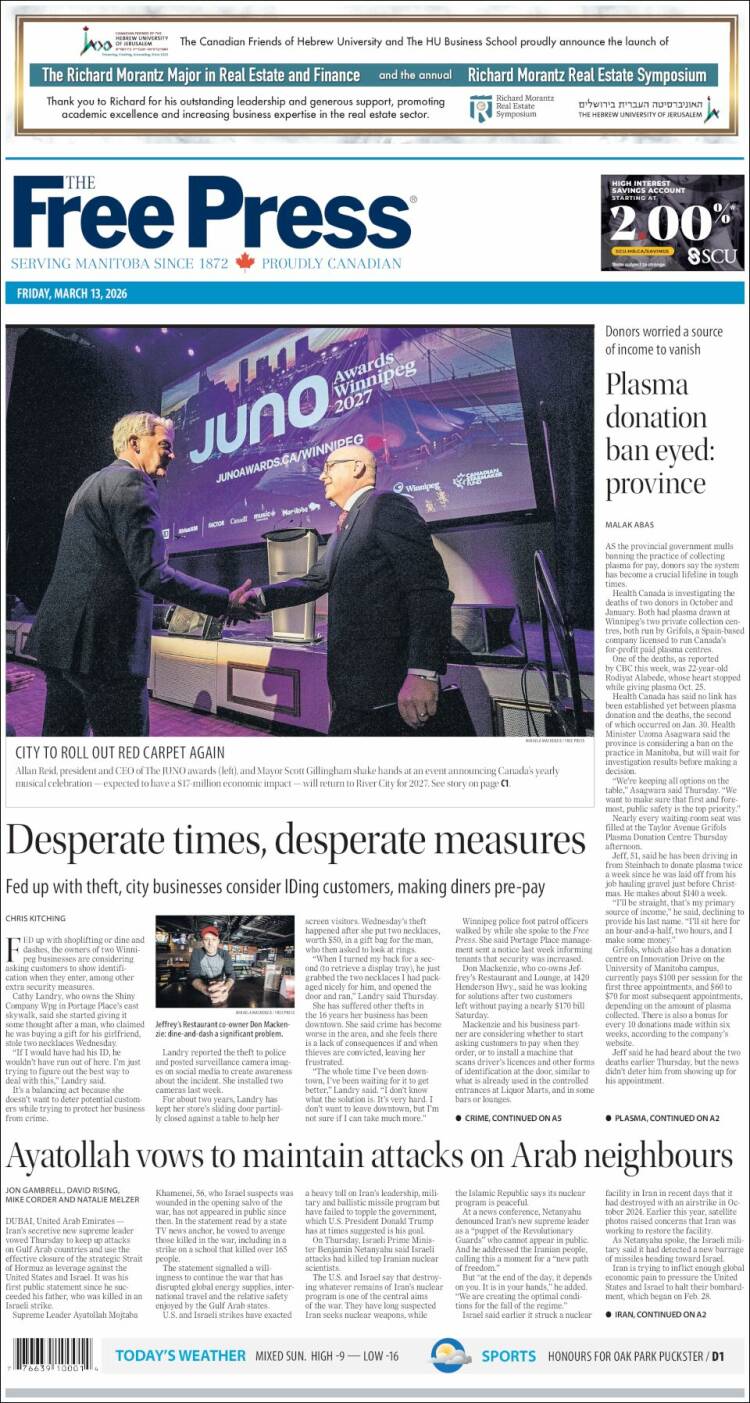 Portada de Winnipeg Free Press (Canad&aacute;)