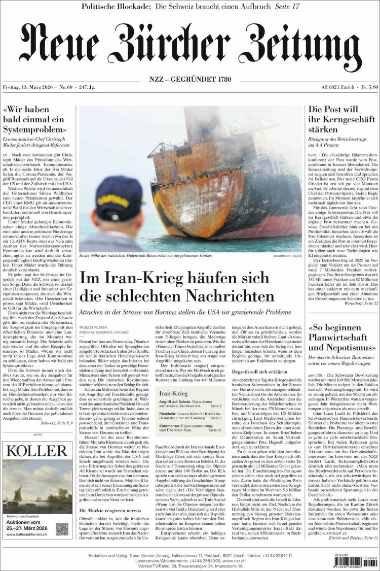 Portada de Neue Zürcher Zeitung (Suisse)