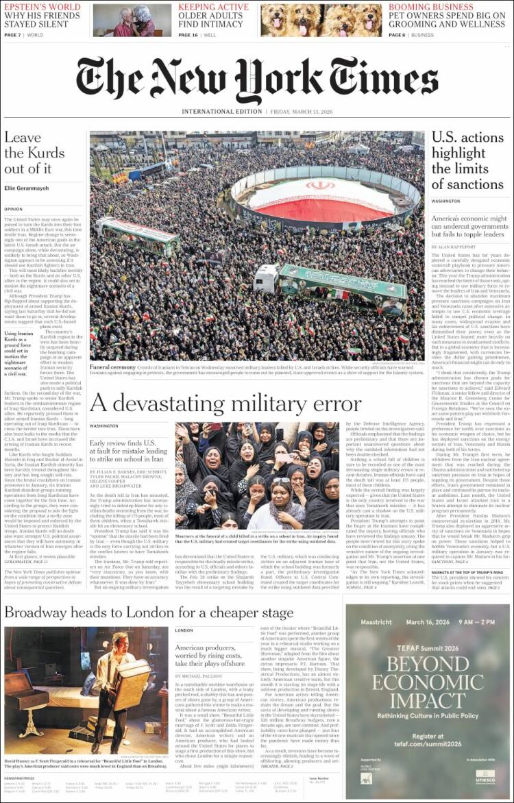 Portada de International New York Times (Europe)