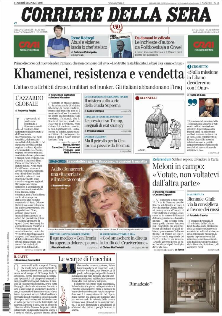 Portada de Corriere della Sera (Italie)