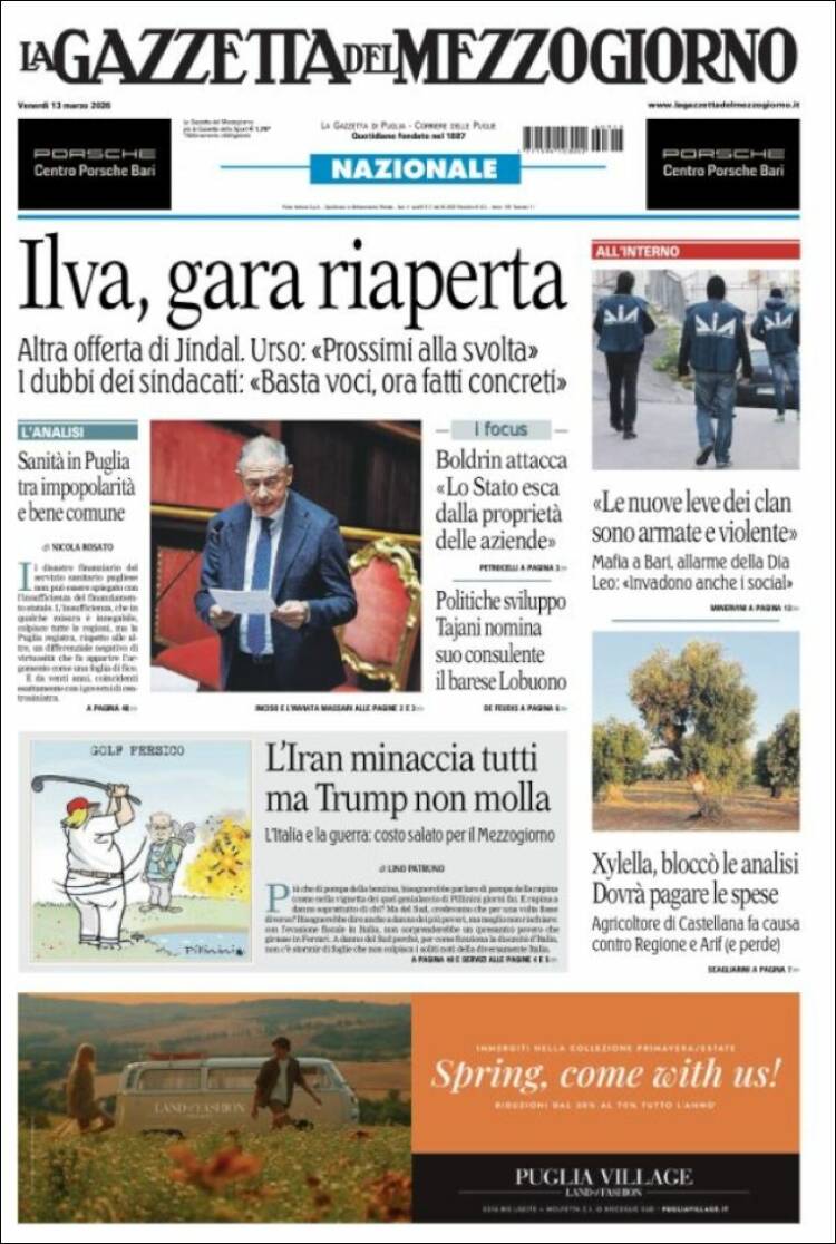Portada de La Gazzetta del Mezzogiorno (Italie)