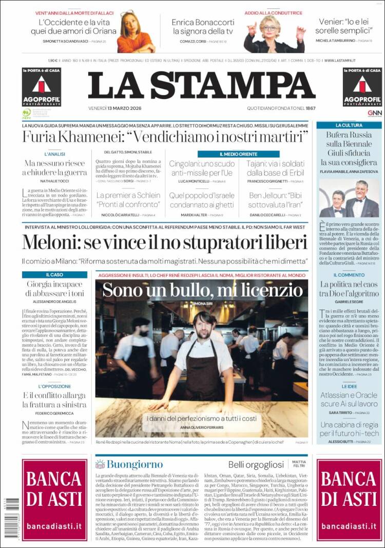 Portada de La Stampa (Italy)