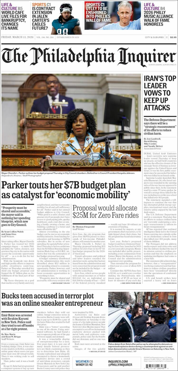 Portada de Philadelphia Inquirer (&Eacute;tats-Unis)