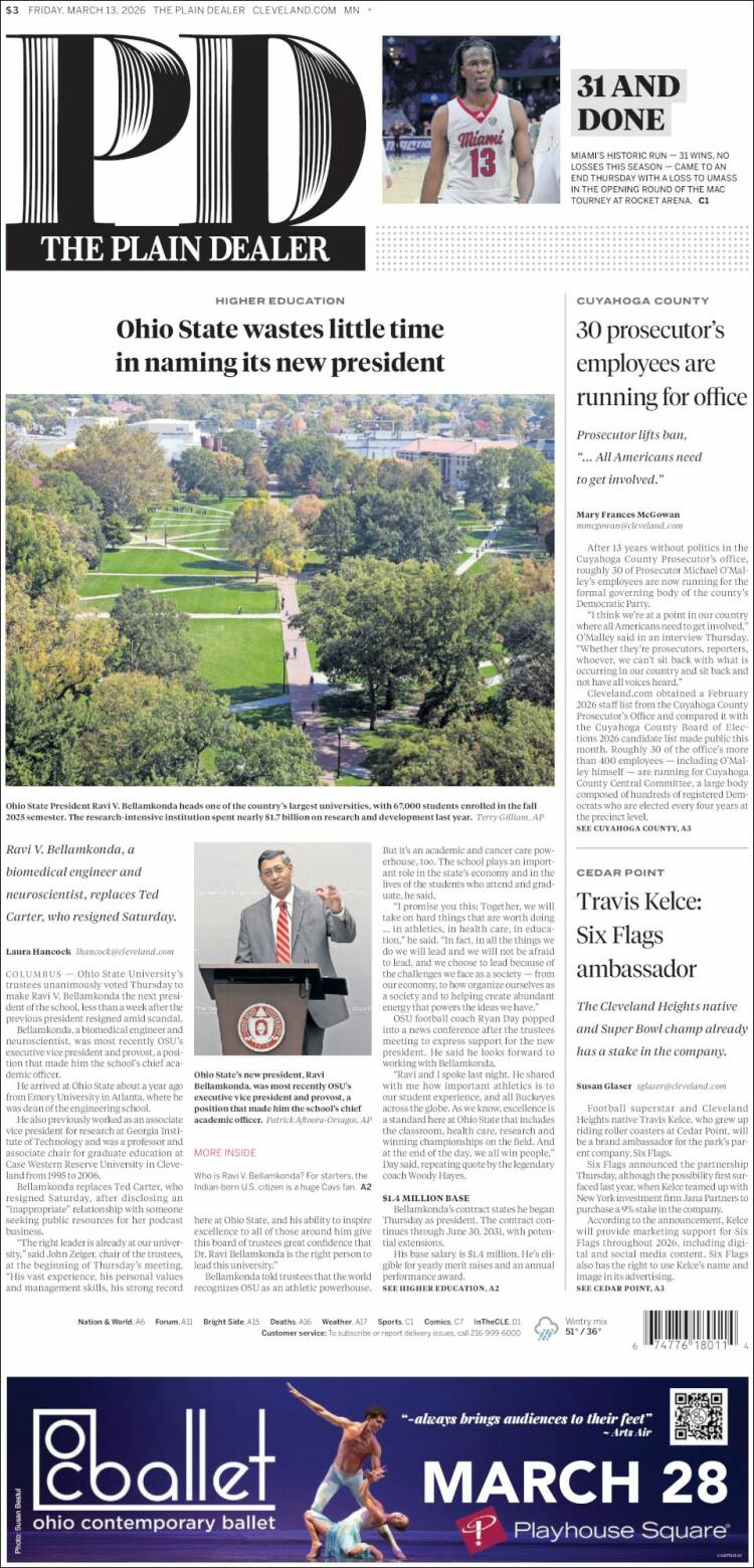 Portada de The Plain Dealer (&Eacute;tats-Unis)