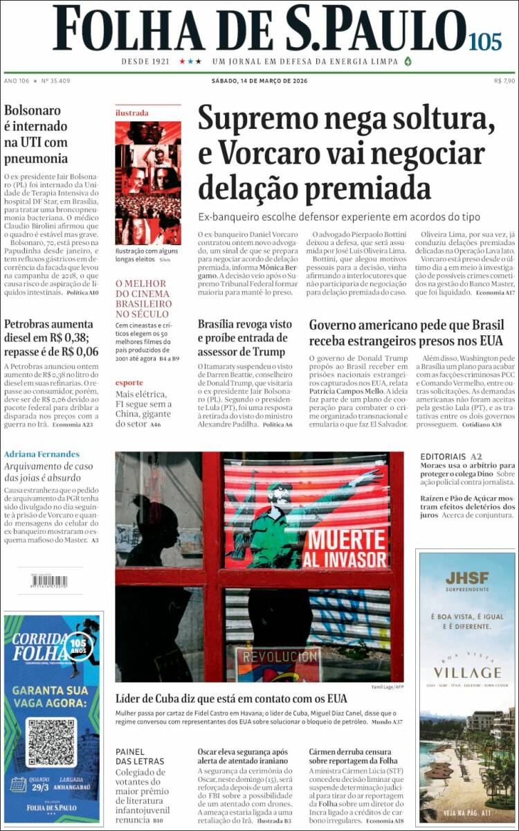 Portada de Folha de São Paulo (Brasil)