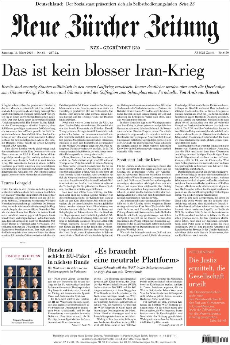 Portada de Neue Zürcher Zeitung (Suiza)