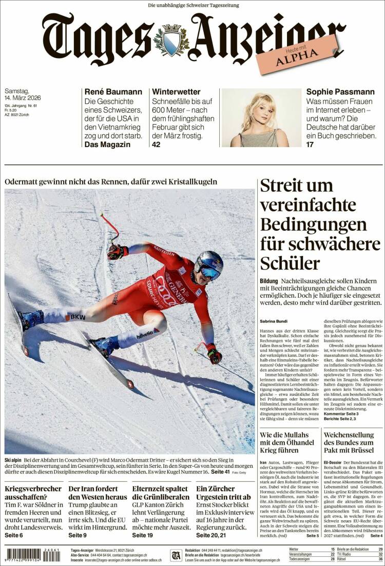 Portada de Tages-Anzeiger (Suiza)