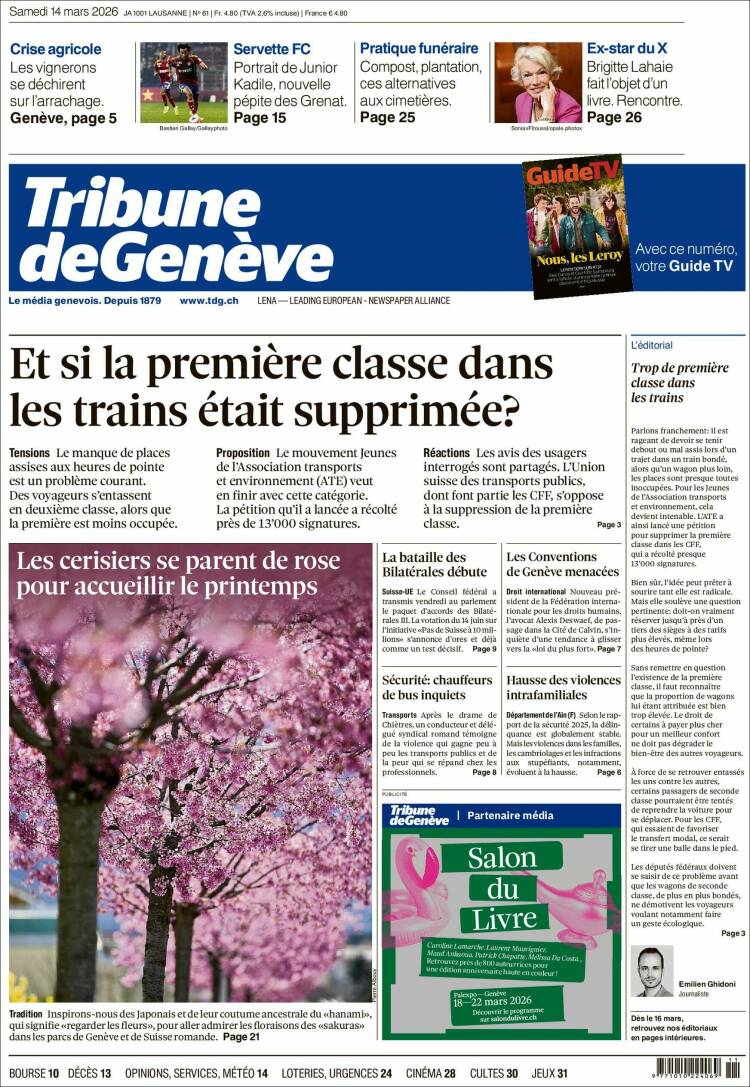 Portada de La Tribune de Genève (Suiza)