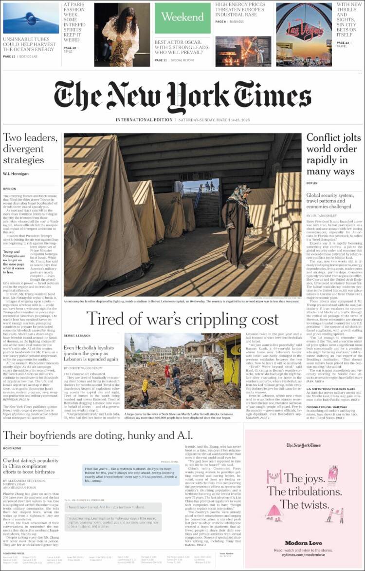 Portada de International New York Times (Europa)