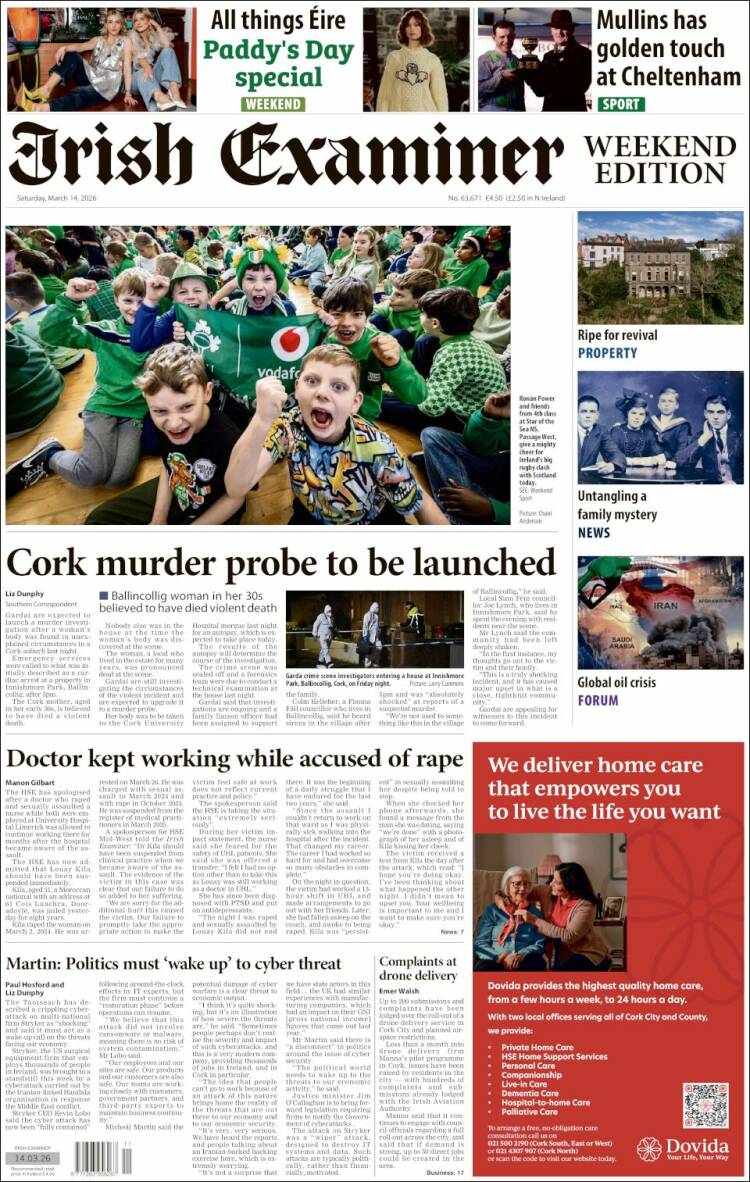 Portada de Irish Examiner (Irlanda)