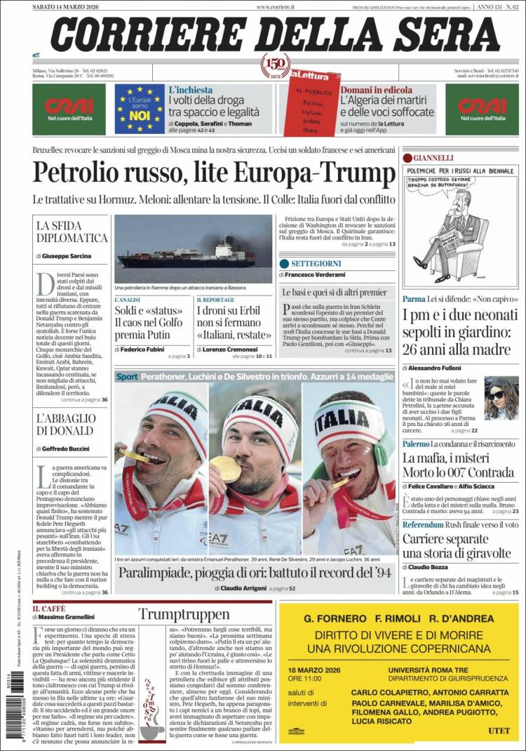 Portada de Corriere della Sera (Italia)