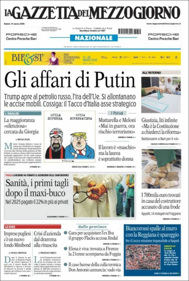 Portada de La Gazzetta del Mezzogiorno (Italy)