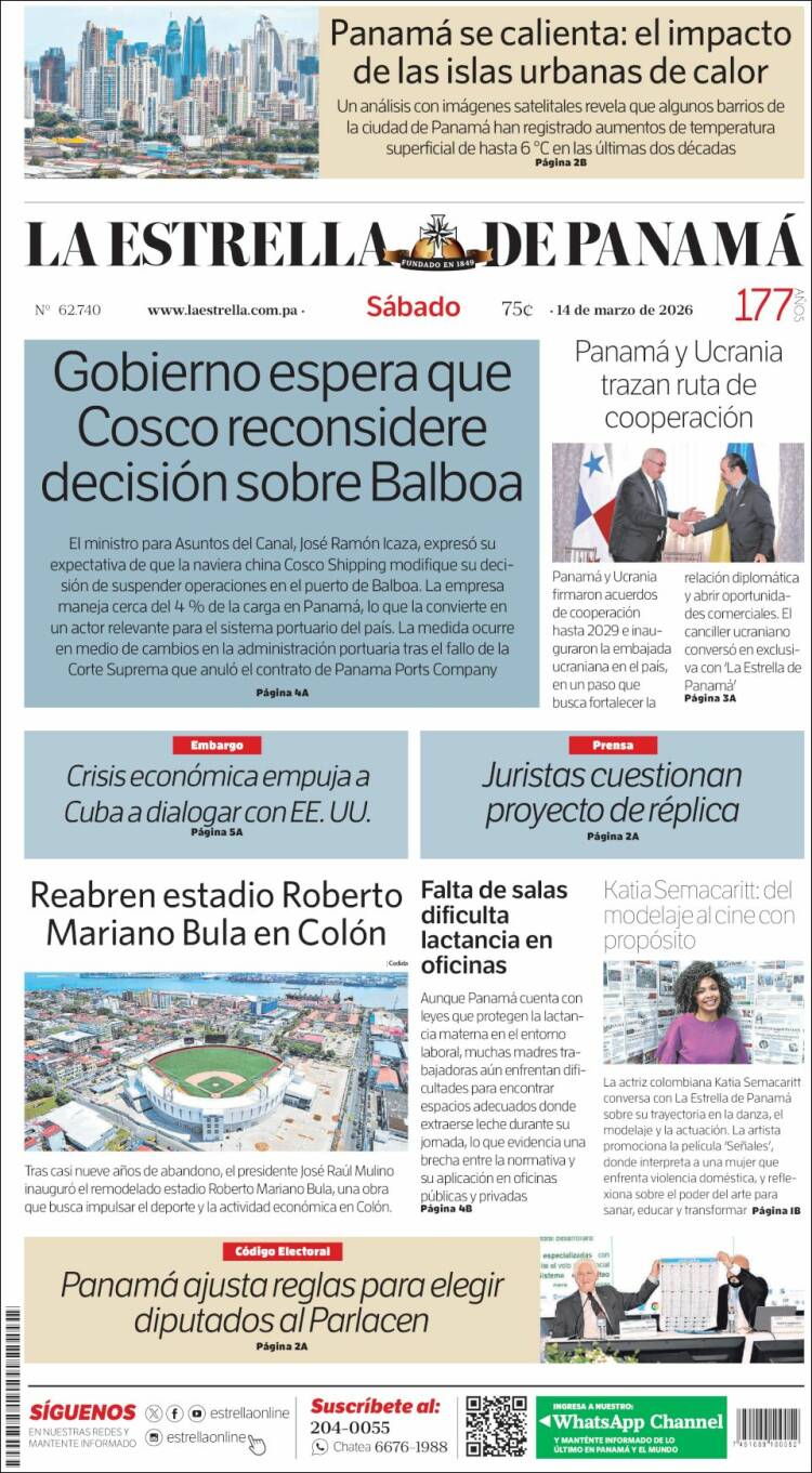 Portada de La Estrella de Panamá (Panam&aacute;)