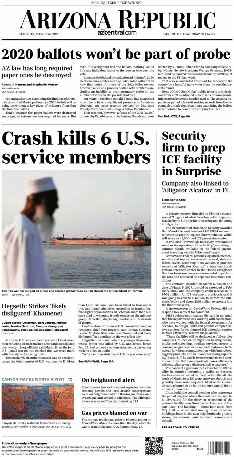 Portada de Arizona Republic News (USA)
