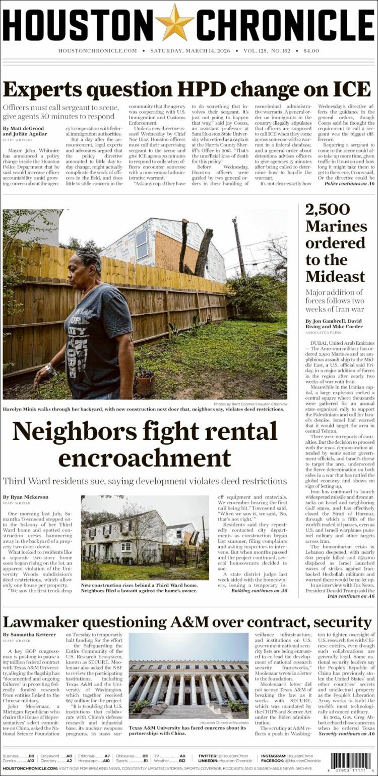 Portada de Houston Chronicle (USA)
