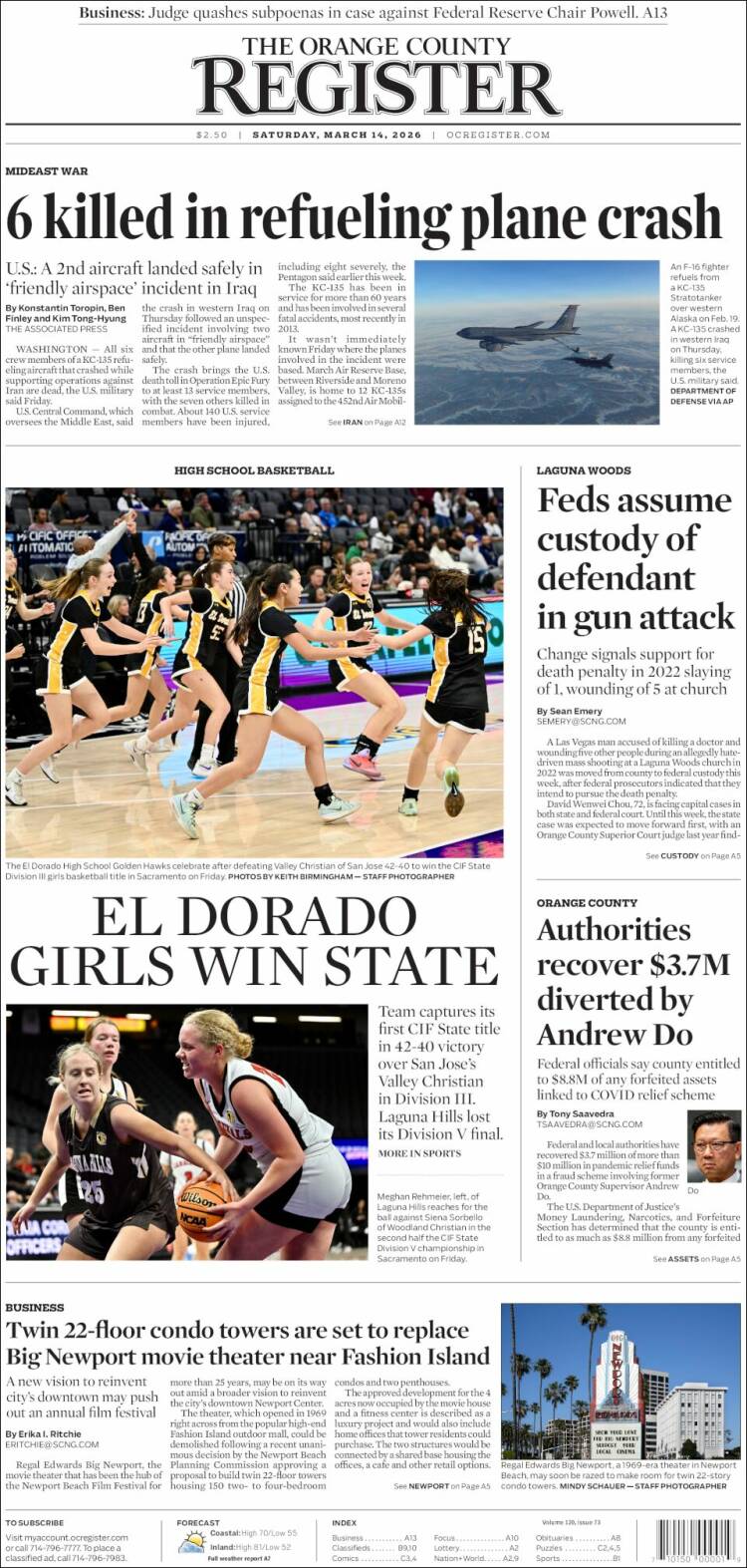Portada de The Orange County Register (USA)