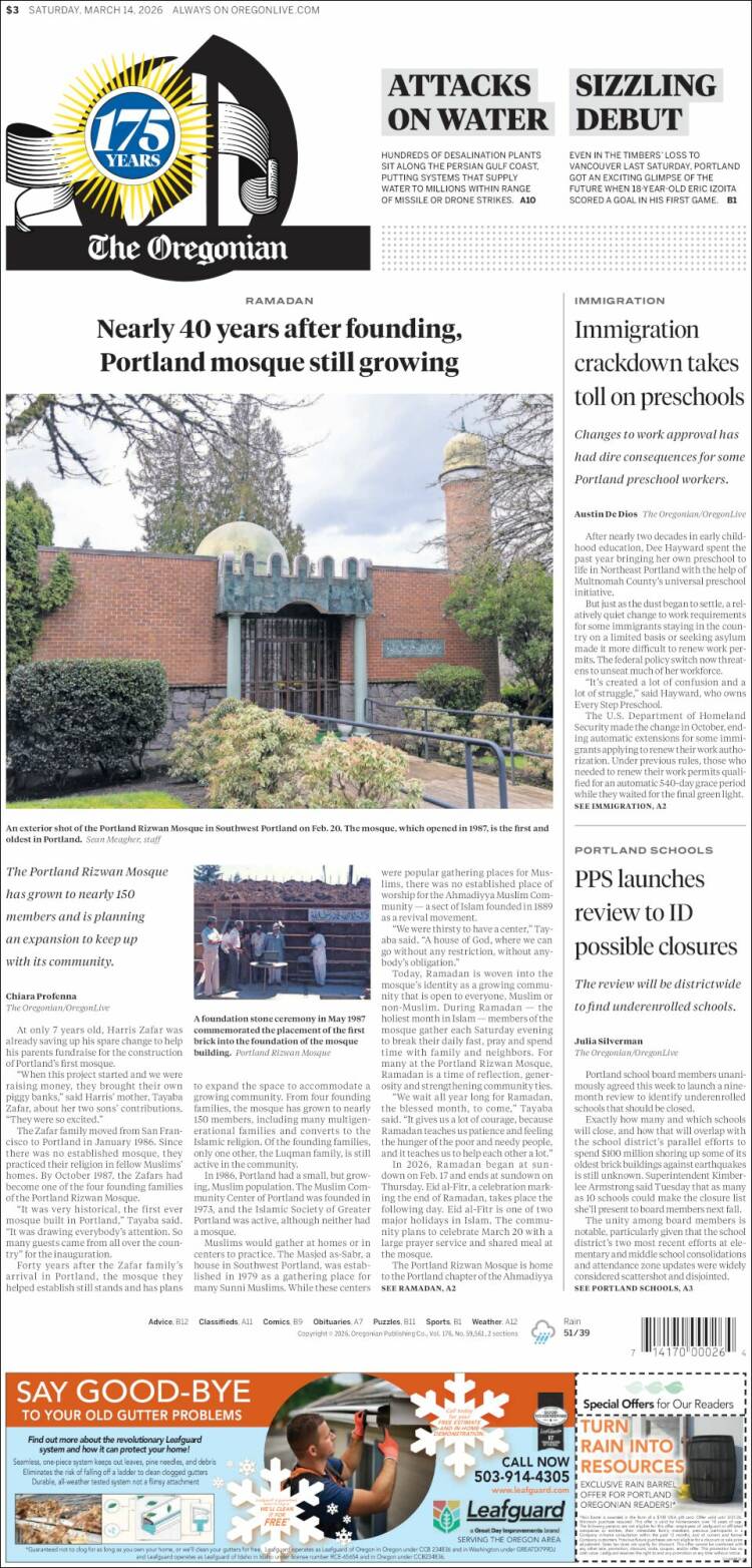 Portada de The Oregonian (USA)