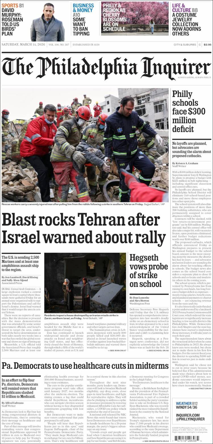 Portada de Philadelphia Inquirer (USA)