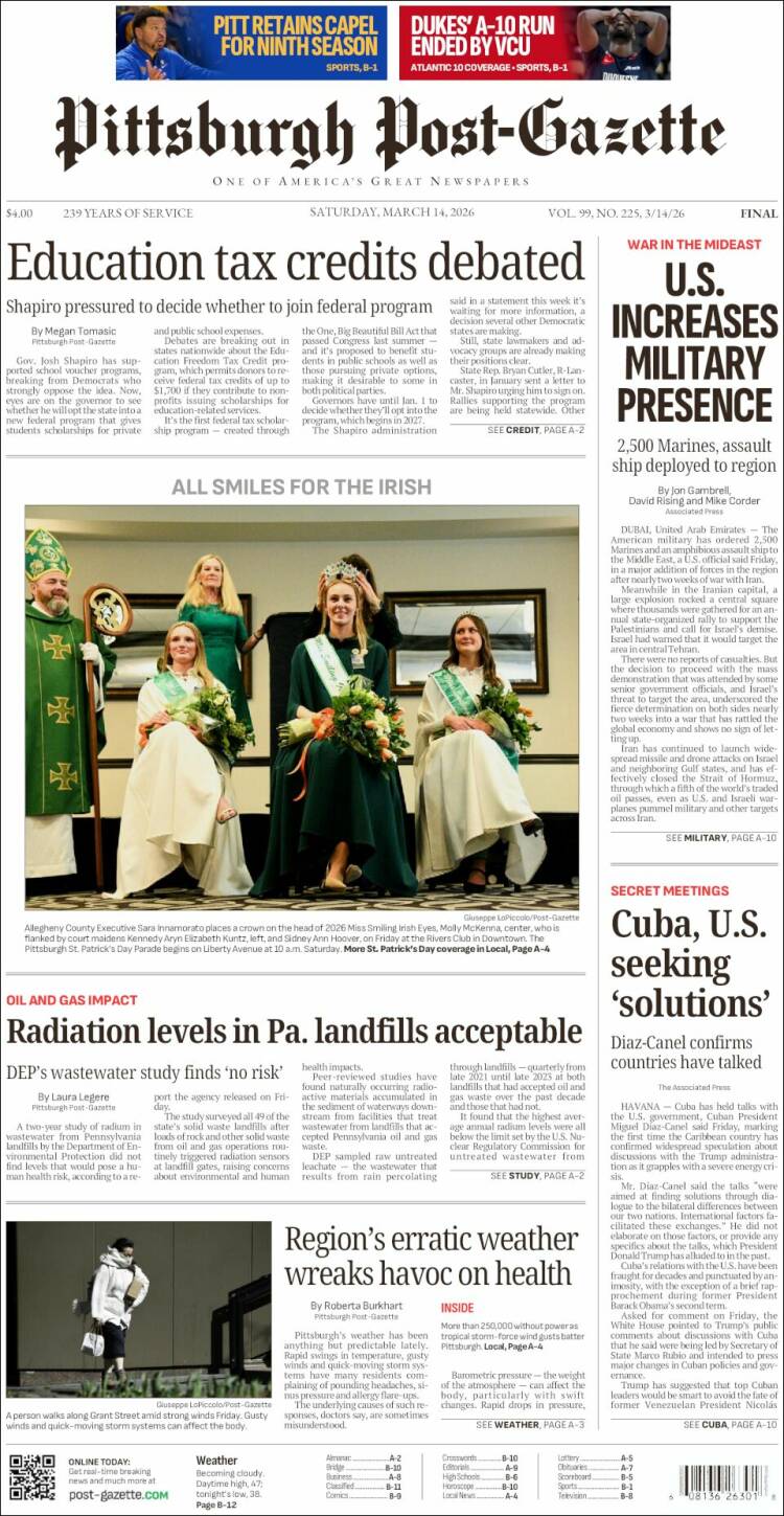Portada de Pittsburgh Post-Gazette (USA)