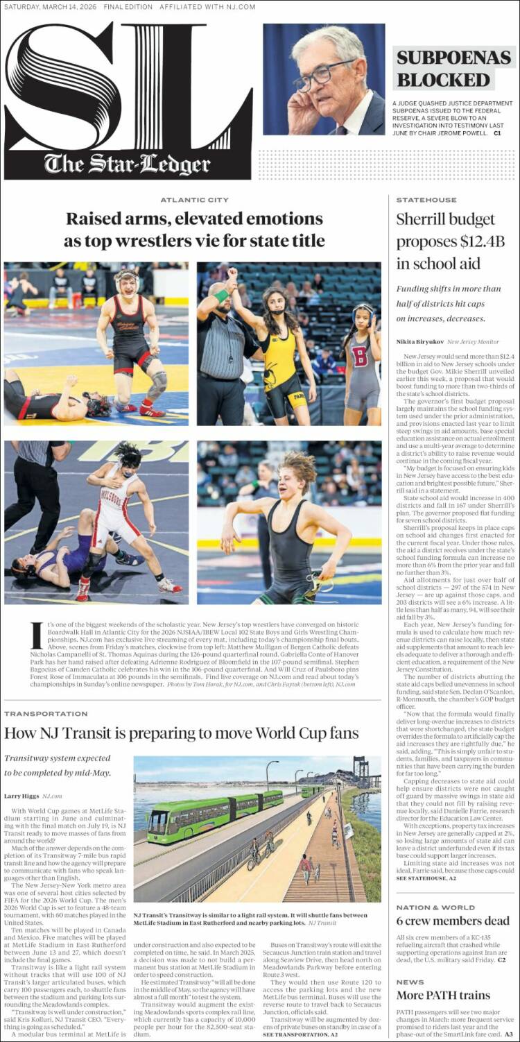 Portada de Star-Ledger (USA)
