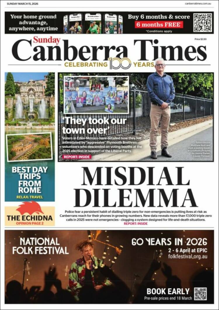 Portada de The Canberra Times (Australia)