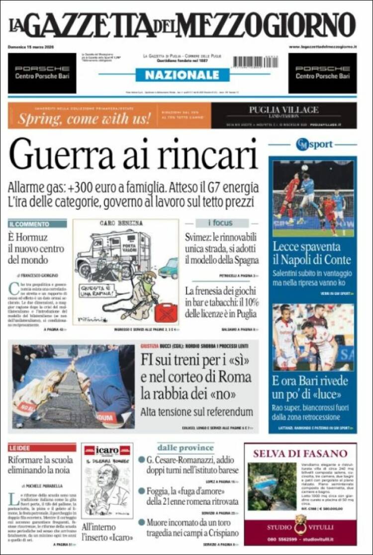 Portada de La Gazzetta del Mezzogiorno (Italia)