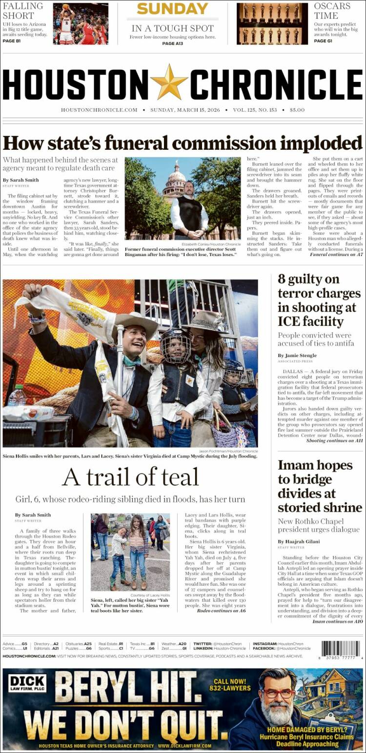 Portada de Houston Chronicle (USA)
