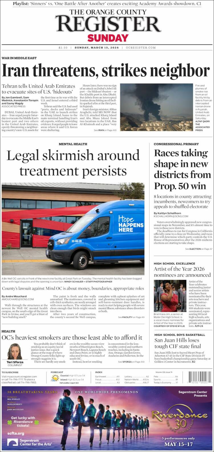 Portada de The Orange County Register (USA)
