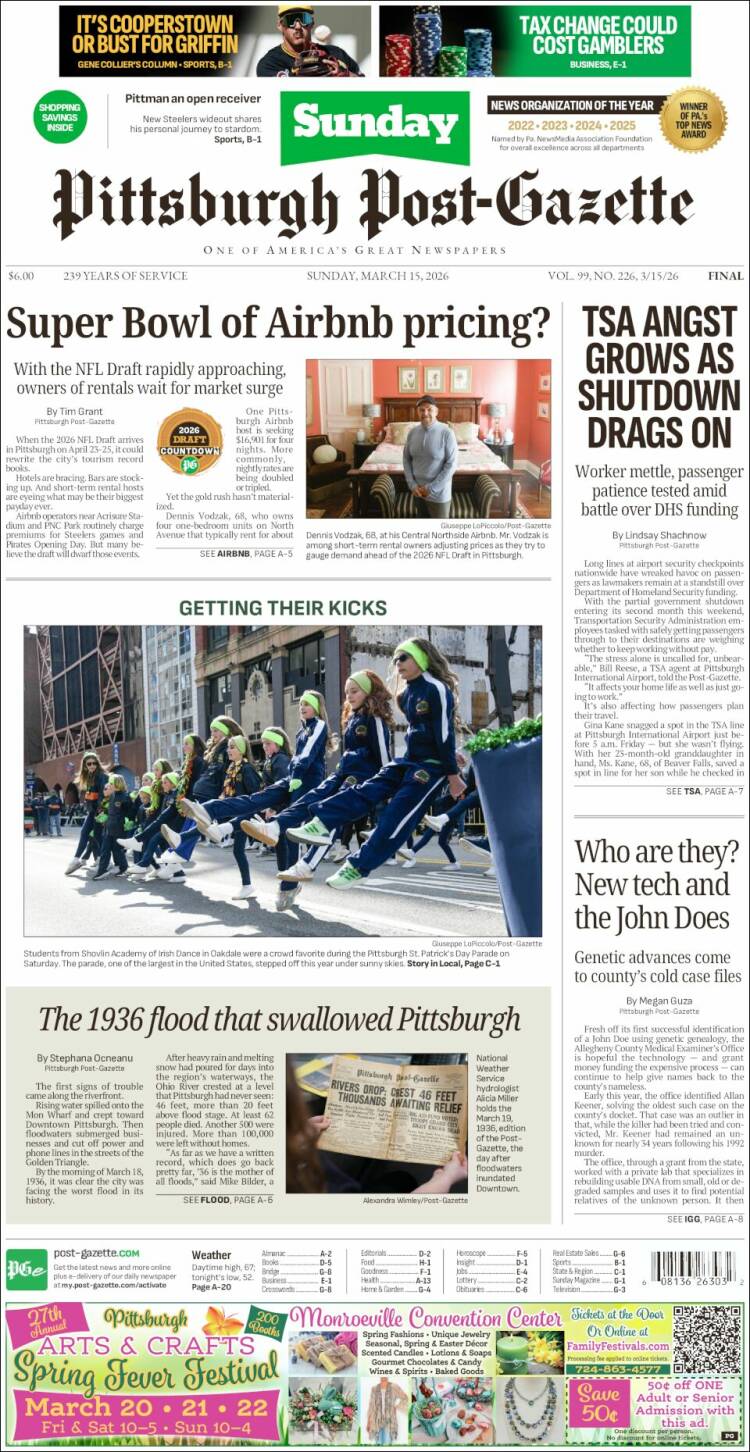 Portada de Pittsburgh Post-Gazette (USA)