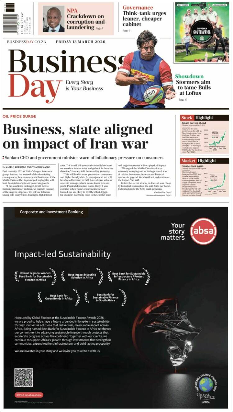 Portada de Business Day (Sud&aacute;frica)