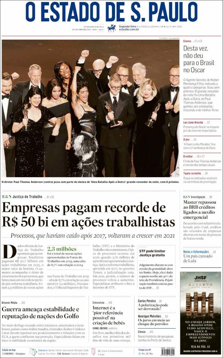 Portada de O Estado de São Paulo (Brasil)