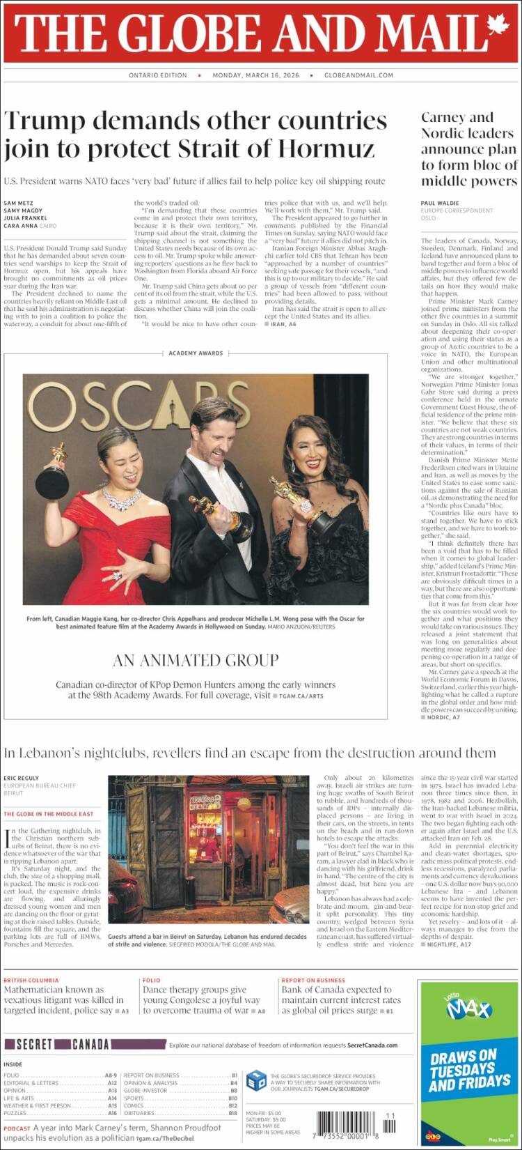 Portada de The Globe and Mail (Canad&aacute;)