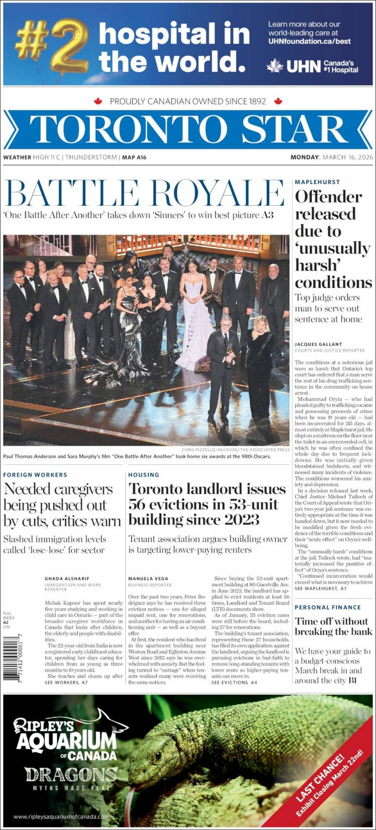 Portada de The Toronto Star (Canad&aacute;)